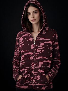 Monrow Pink & Dark Brown Camouflage Zip-Up Hoodie Sweater Size M